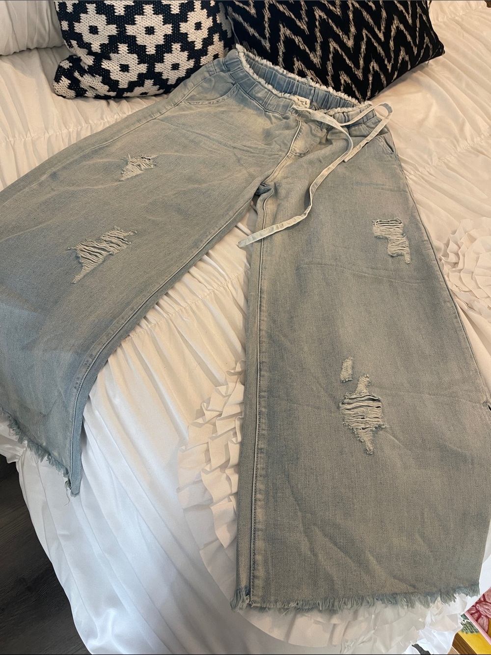 POL Light Blue Distressed Wide-Leg Pull On Jeans